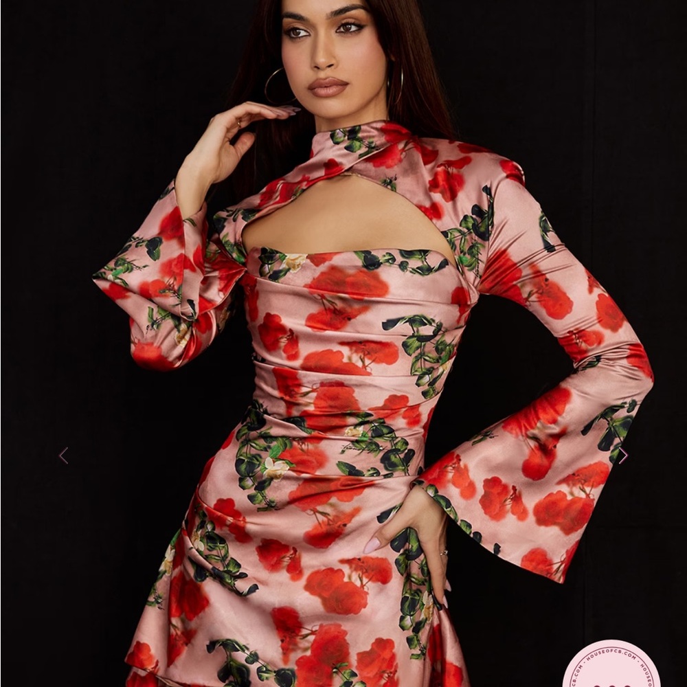 House of CB Toira Long Sleeve Satin Corset Minidress - Floral